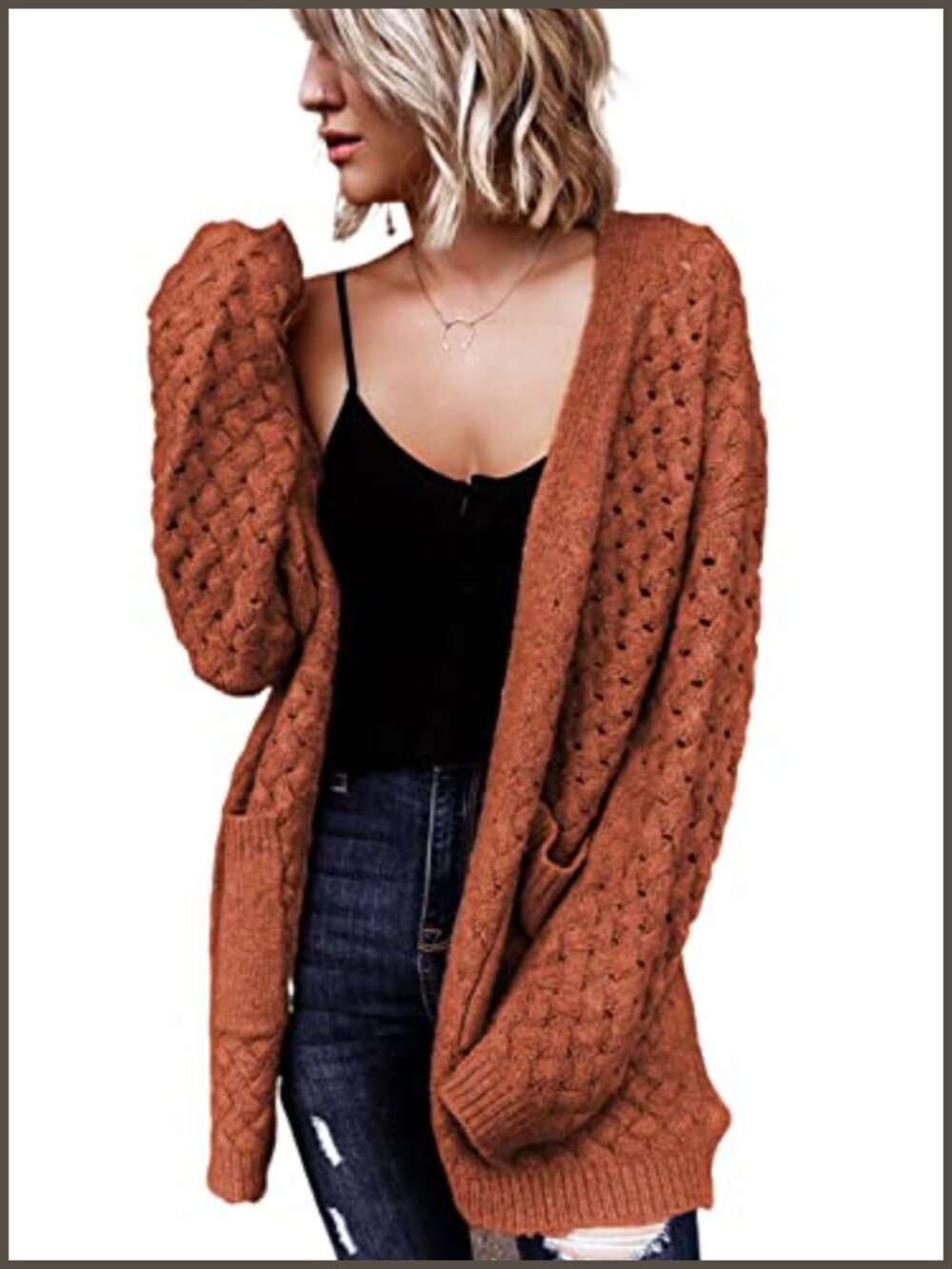 Open Front Cable Knit Cardigan Long Sleeve Chunky Sweater with Pockets